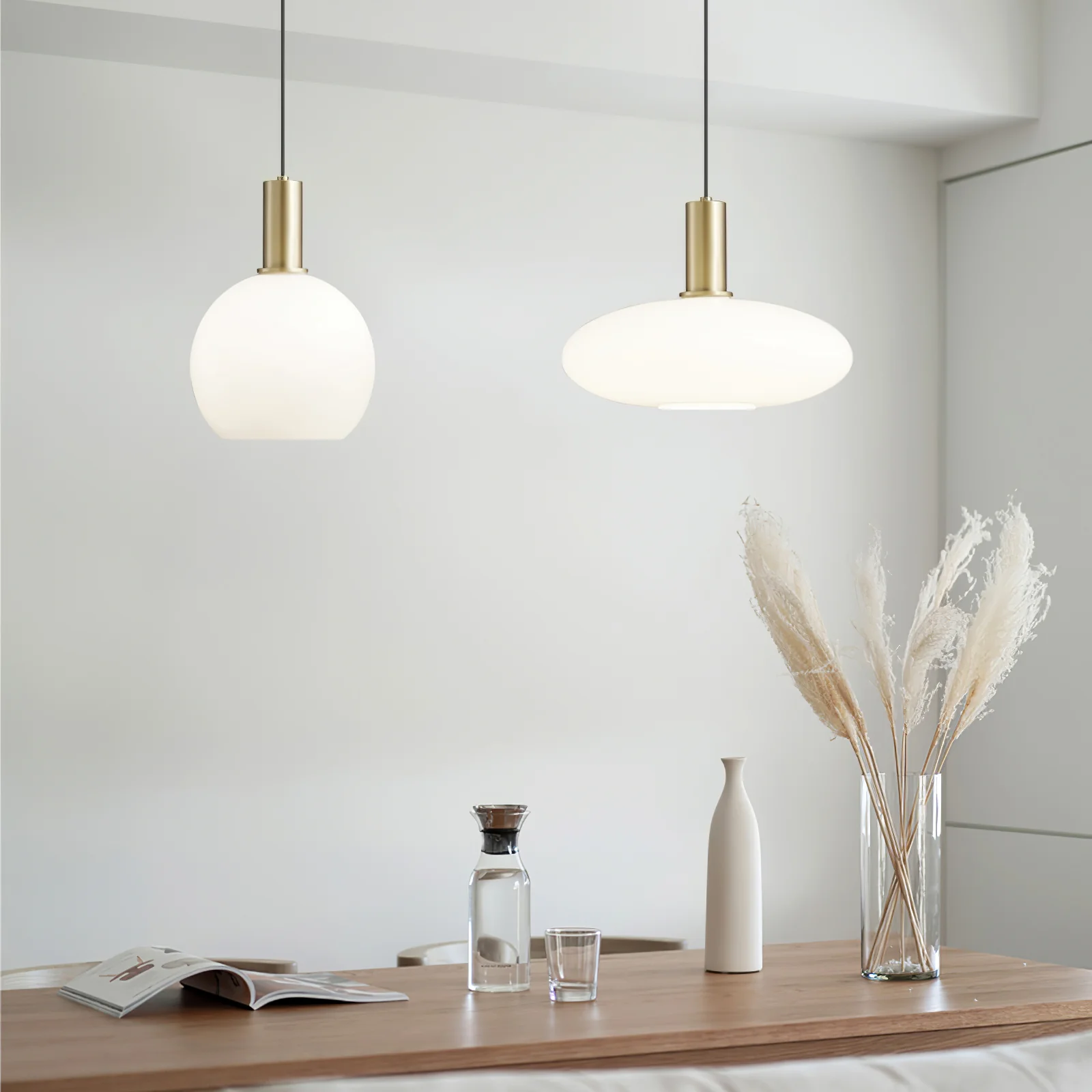 Minimalist pendant lights over dining table
