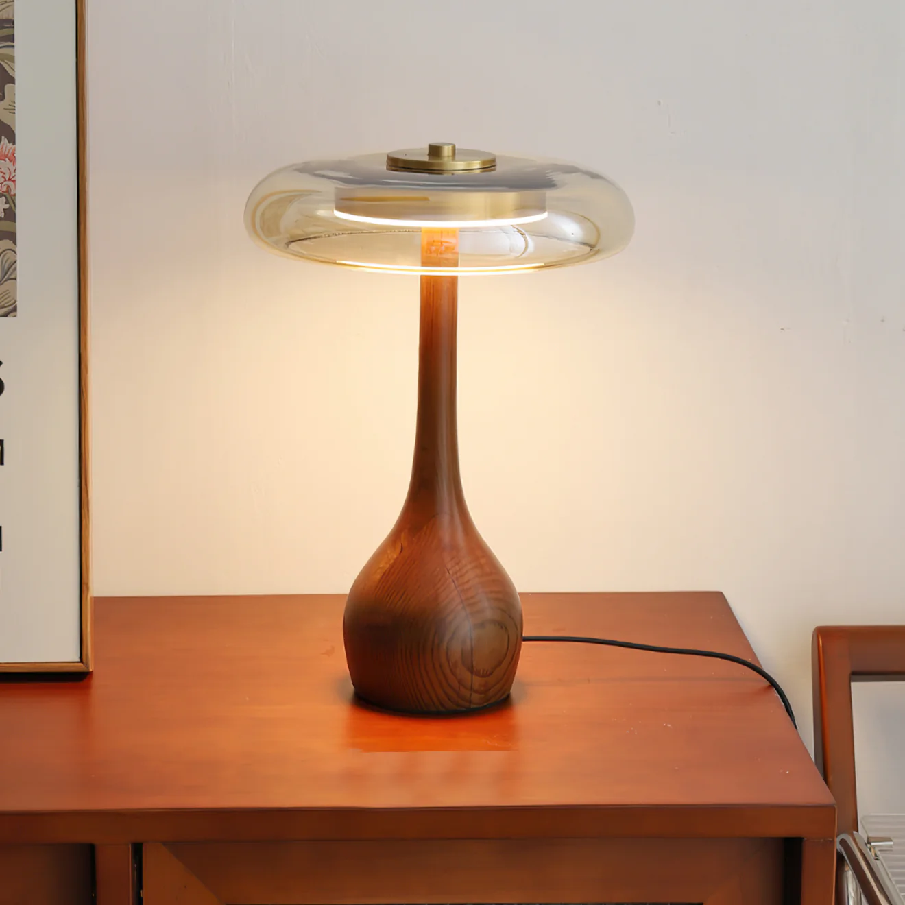 Ozawa Vintage Glass Wood Brass Table Lamp Bedroom Dining Room