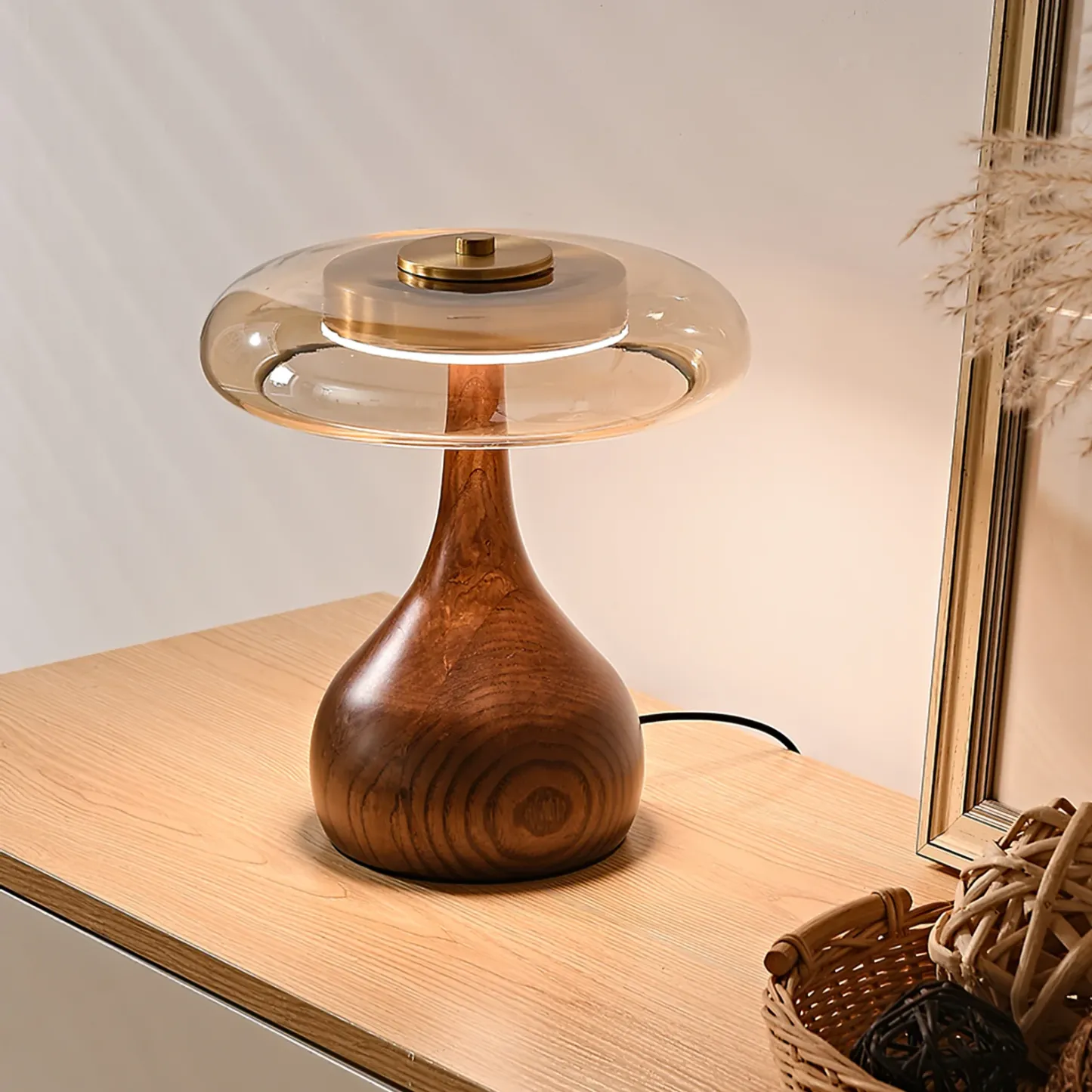 Ozawa Vintage Glass Wood Brass Table Lamp Bedroom Dining Room