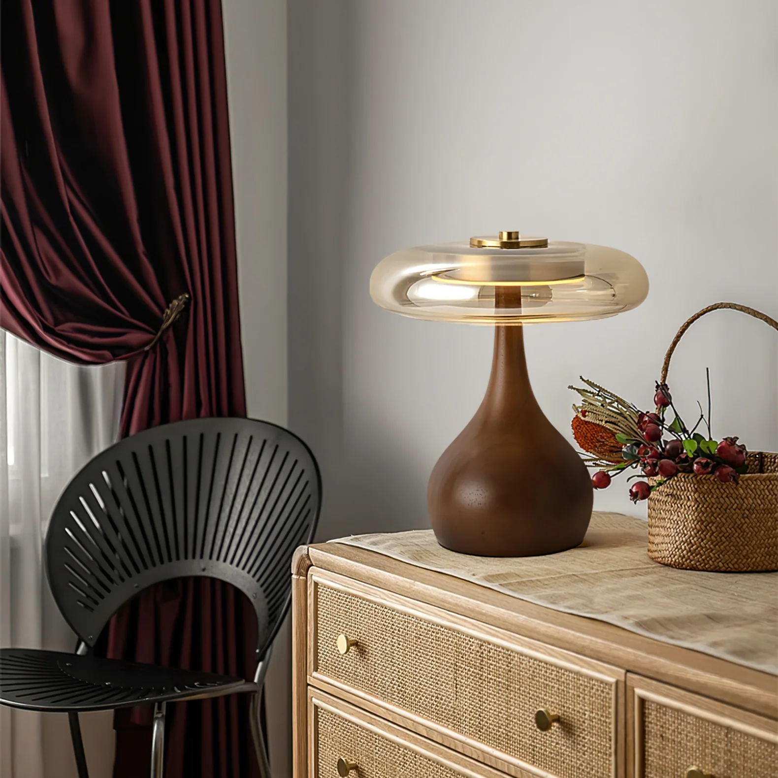 Ozawa Vintage Glass Wood Brass Table Lamp Bedroom Dining Room