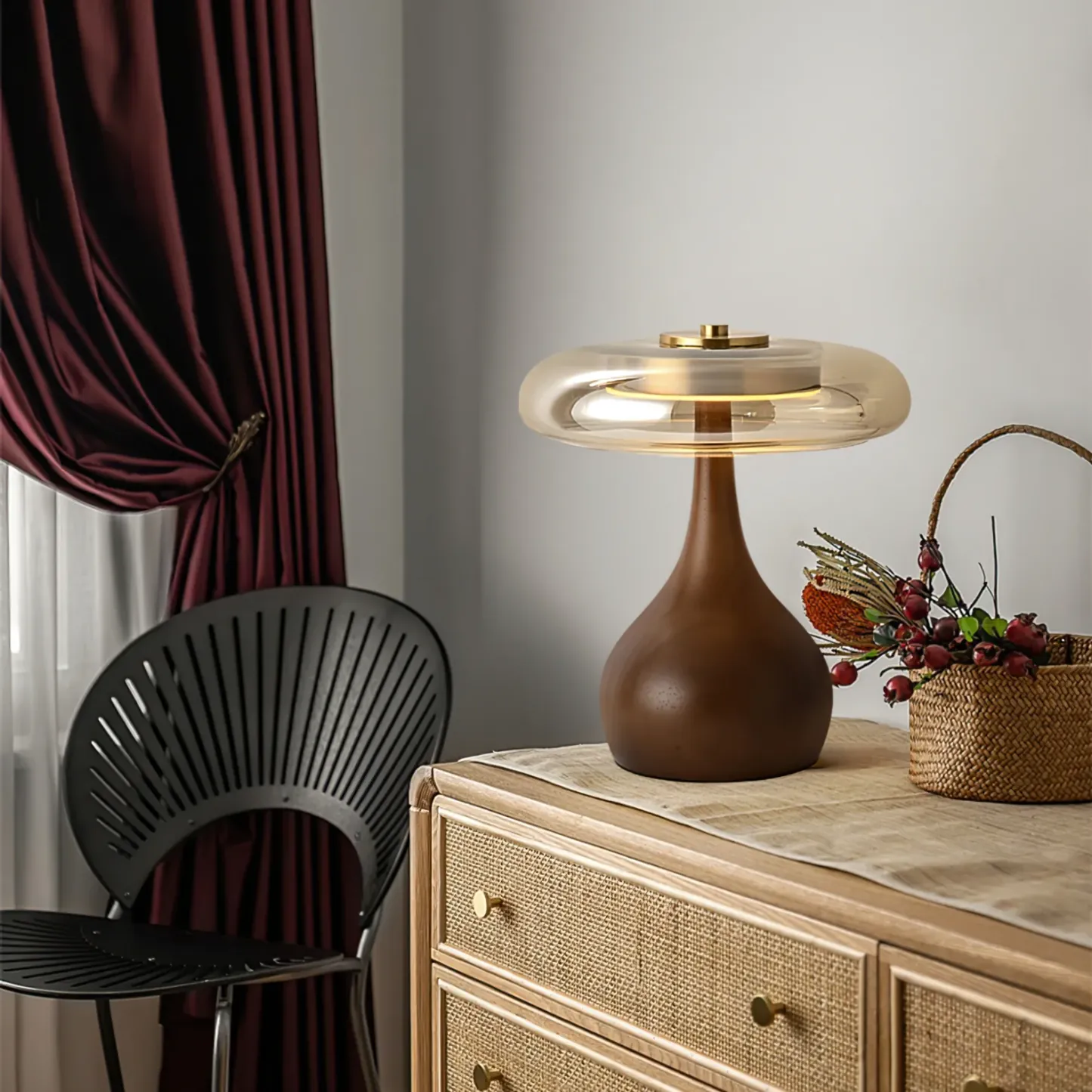 Ozawa Vintage Glass Wood Brass Table Lamp Bedroom Dining Room