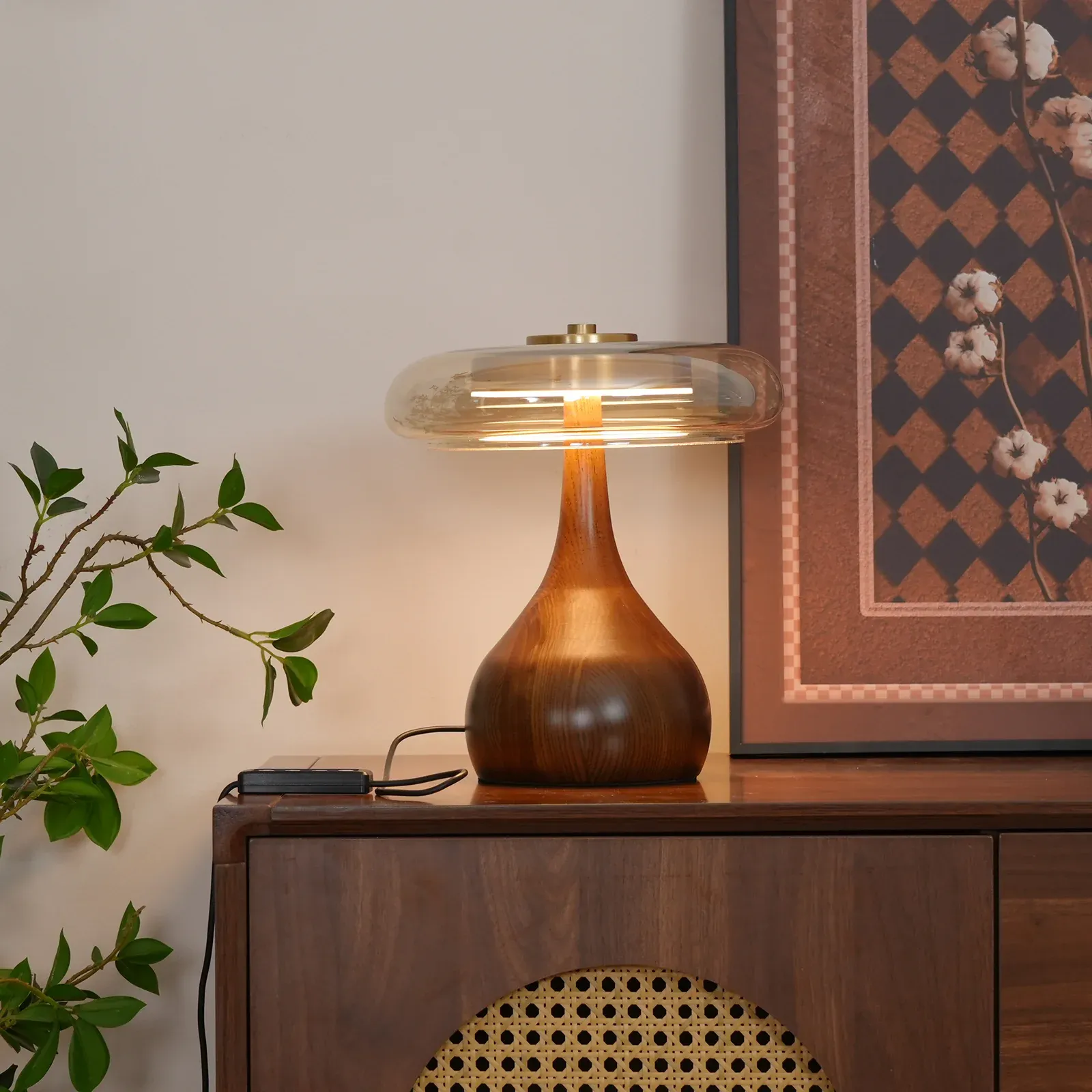 Vintage Glass Wood Brass Table Lamp Bedroom Dining Room