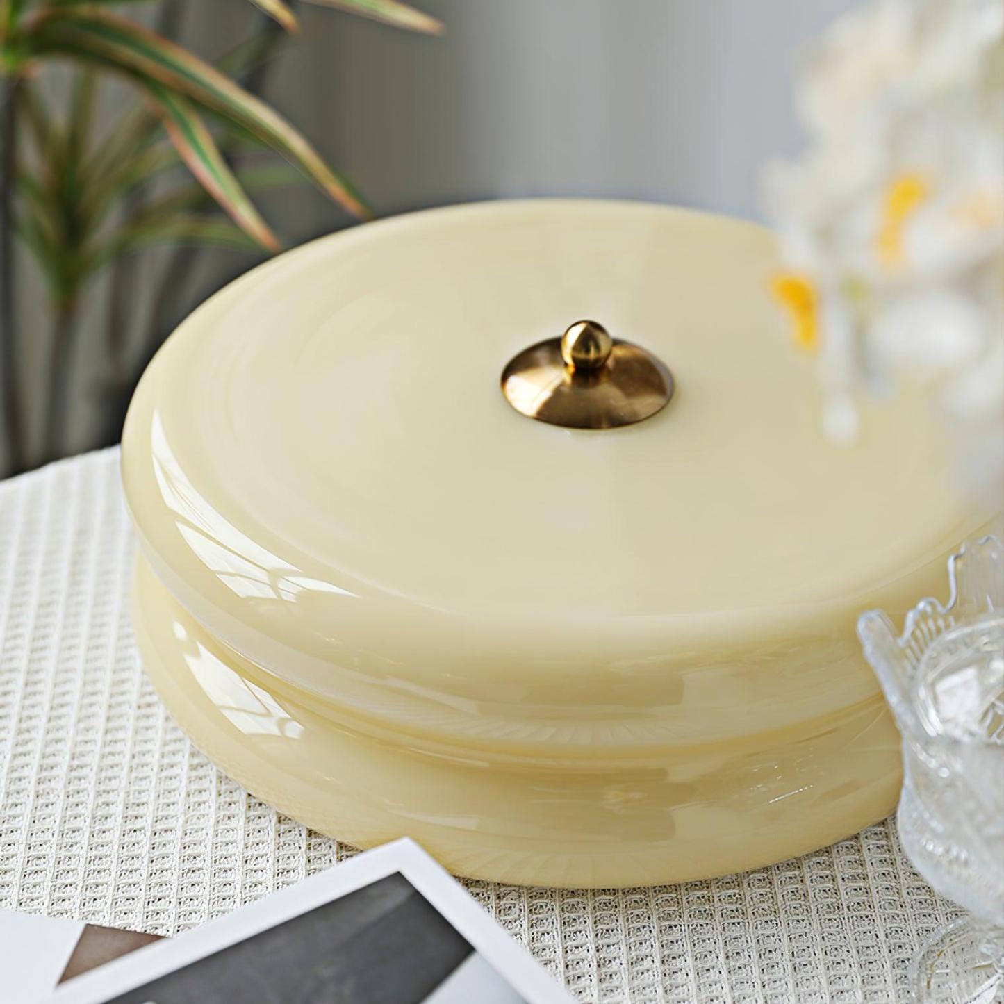 Beige Morandi Round Ceiling Light Detail - Glass and Brass Fixture