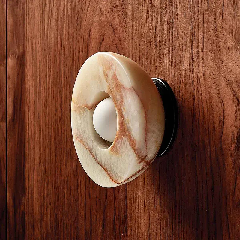 Elif Marble Wall Lamp detail, marble and wooden wall