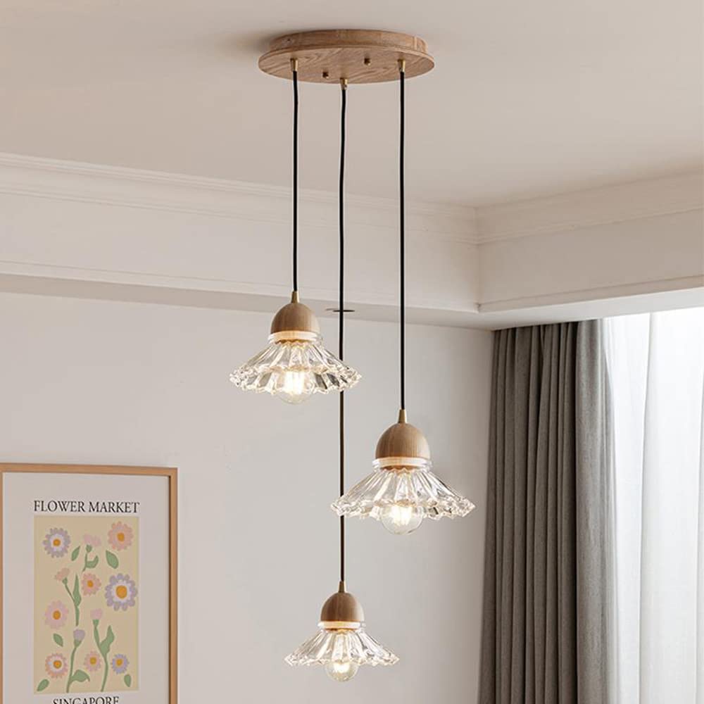 Hailie Retro Wood Pendant Light, Glass Shade, Dining Room Light