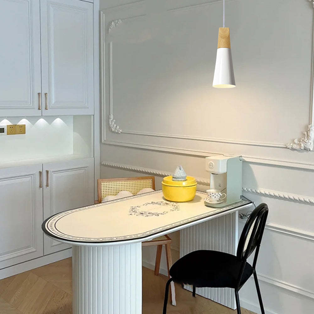 White Morandi pendant light above dining table