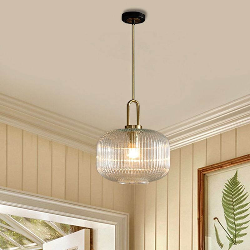 Clear glass ribbed pendant light Sanna in interior setting