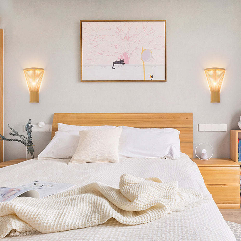 Rattan bedside lamp in bedroom setting