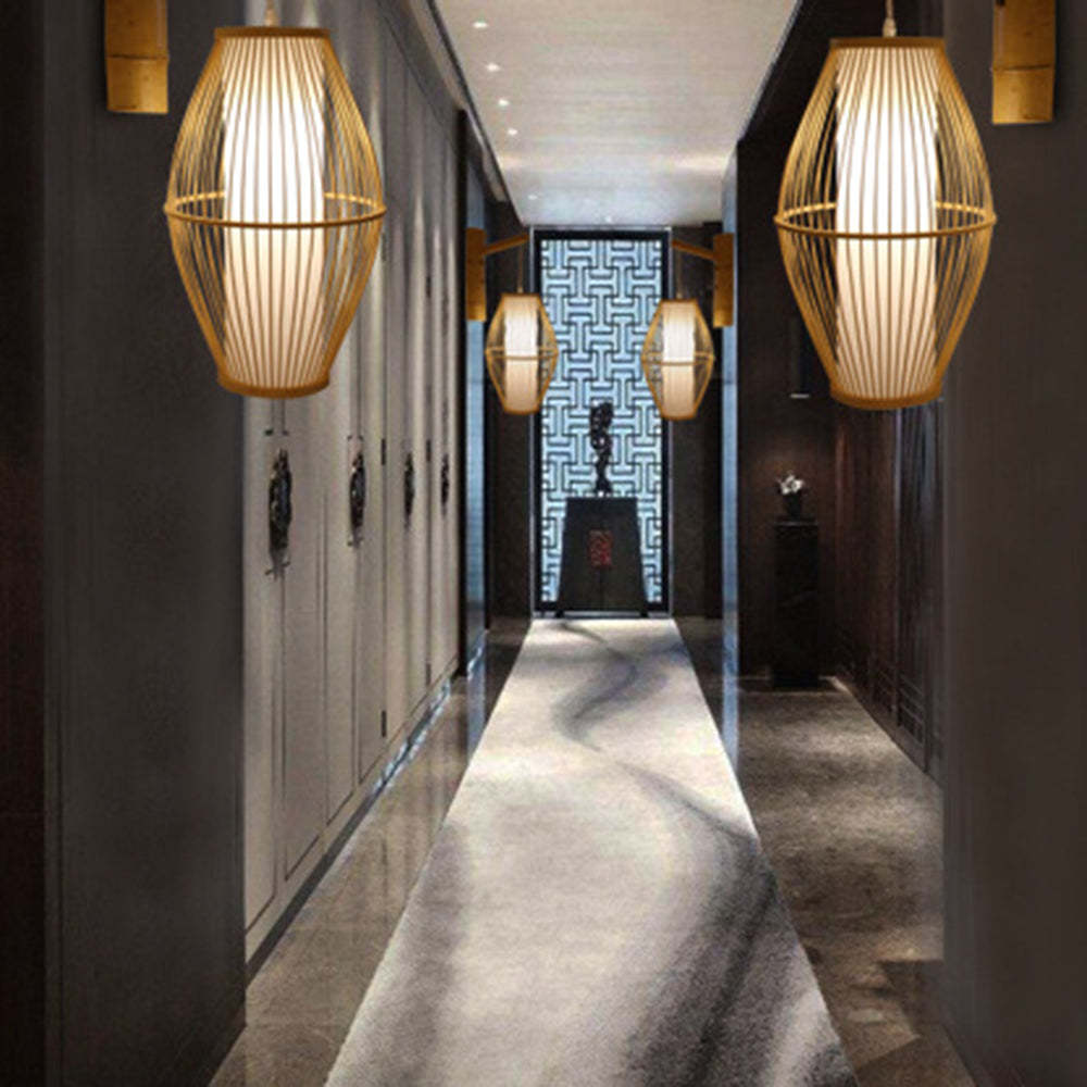 Hallway with Ozawa rattan wall lamps, rustic sconce lighting.