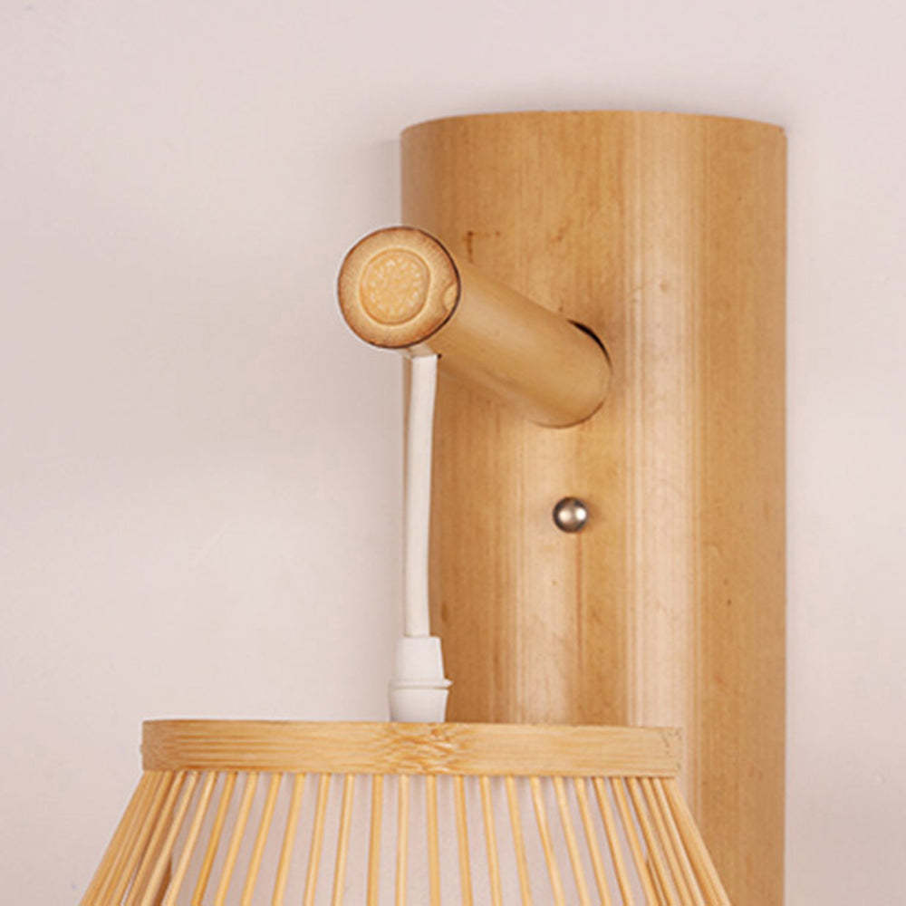 Ozawa rattan wall lamp detail, rustic sconce lighting.