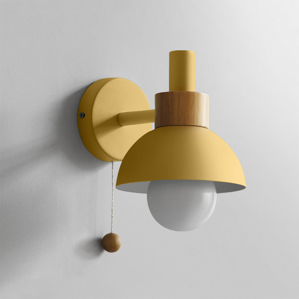 Yellow Morandi Wall Lamp with Wood Accent and Pull Cord