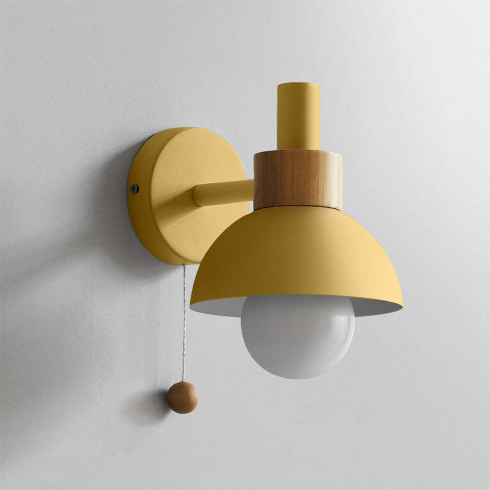 Yellow Morandi Wall Lamp with Wood Accent and Pull Cord