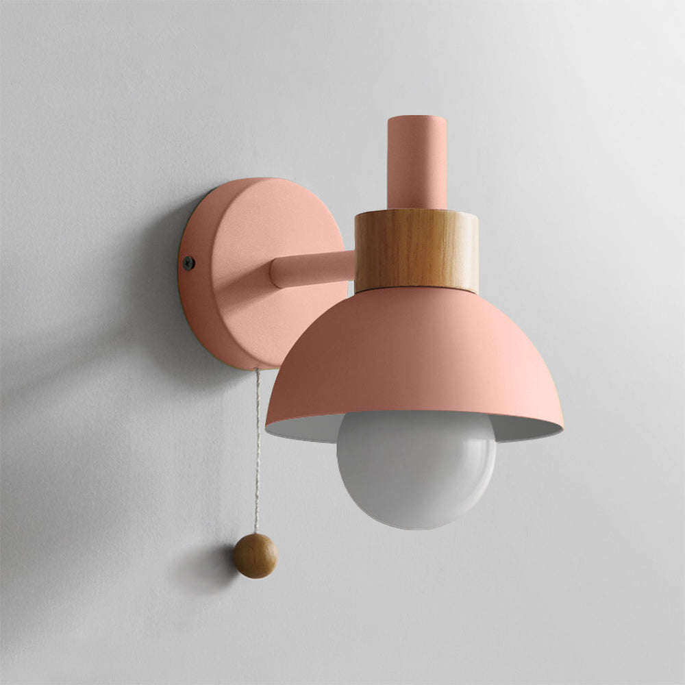 Pink Morandi LED Wall Lamp with Wooden Accents, Bedroom Lighting
