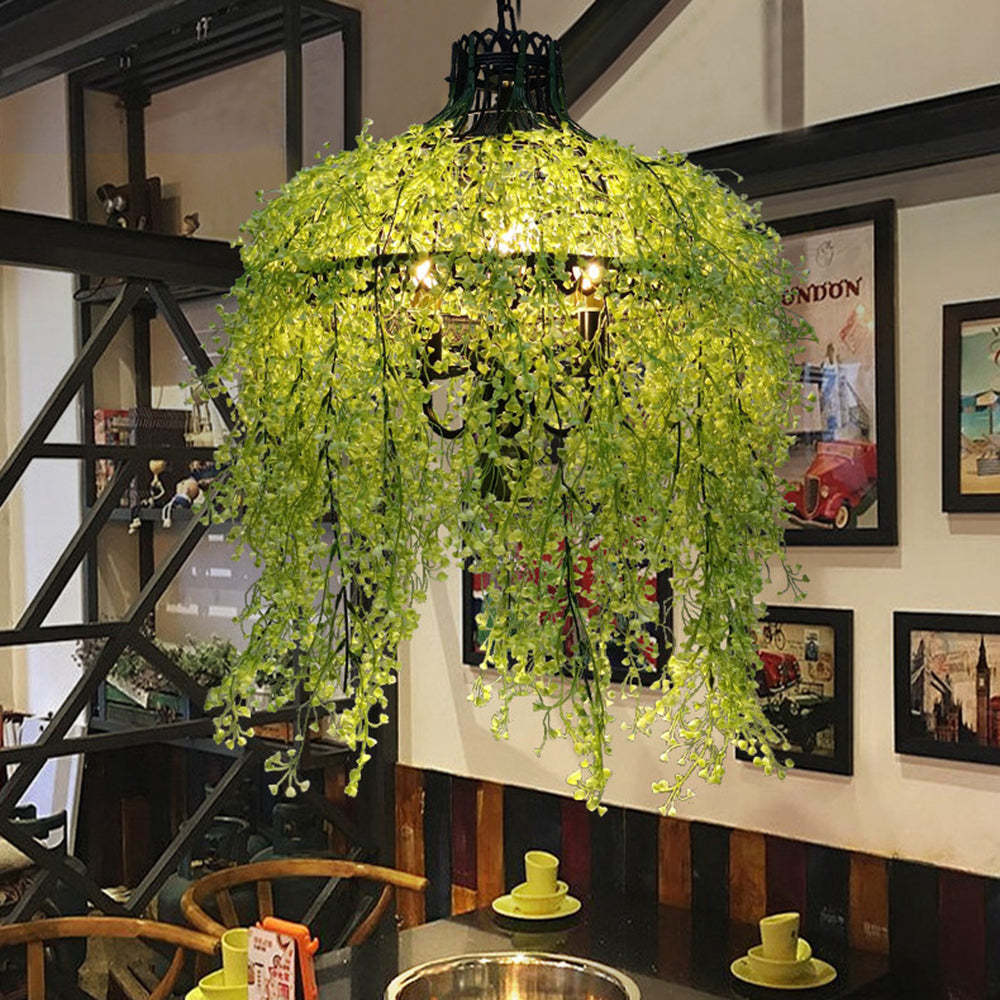 Vireo Industrial Chandelier with Green Foliage Decor