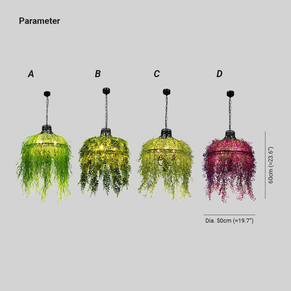 Vireo Industrial Chandelier - various foliage colors, dimensions included.