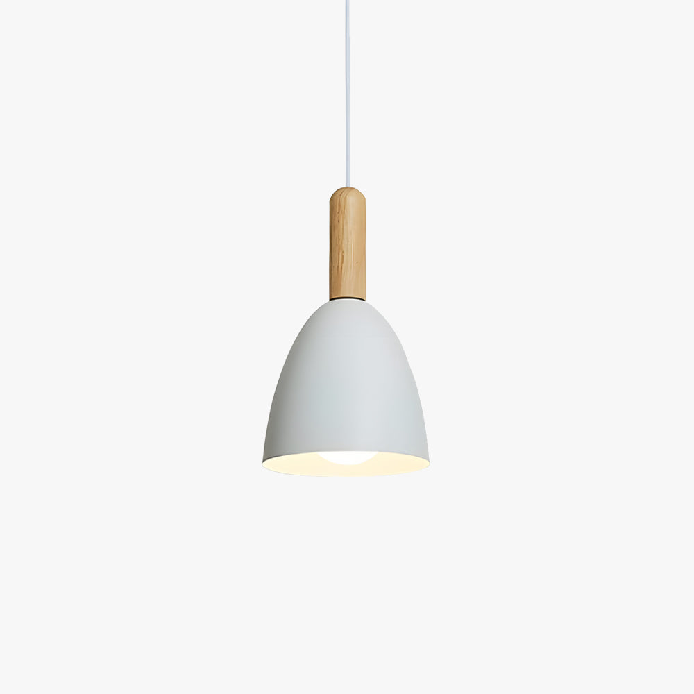 Modern white pendant light with wood accents, ideal for living room or bedroom