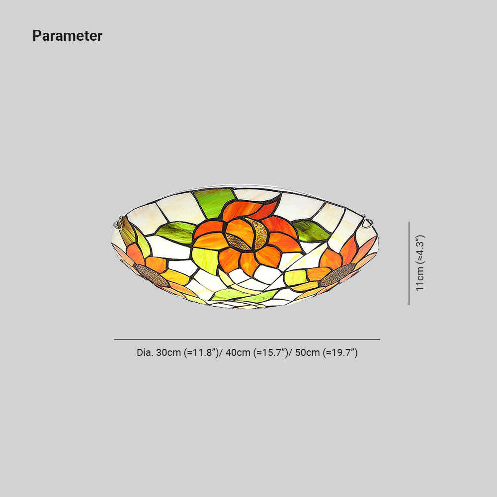 Eryn Flush Mount Ceiling Light, stained glass sunflower, dimensions