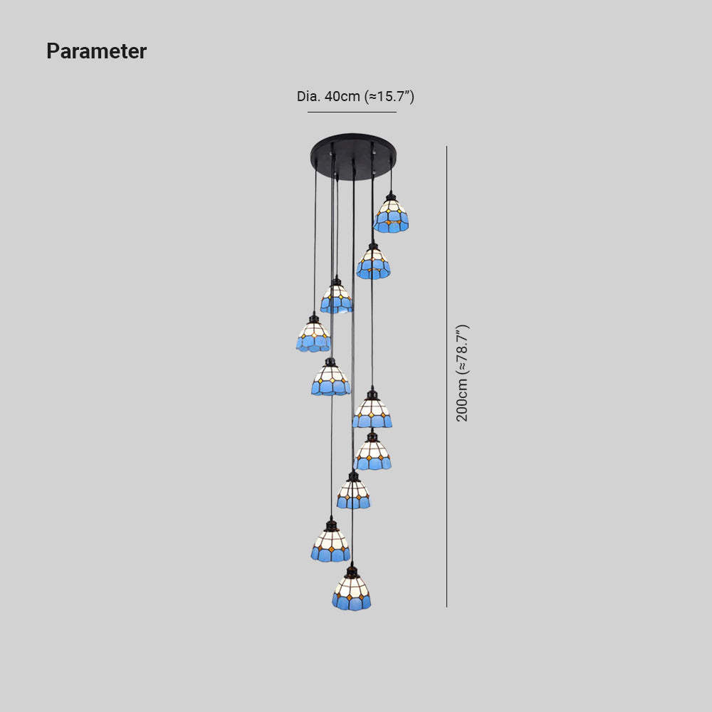 Eryn Retro LED Chandelier - Blue Glass, Dimensions Illustrated