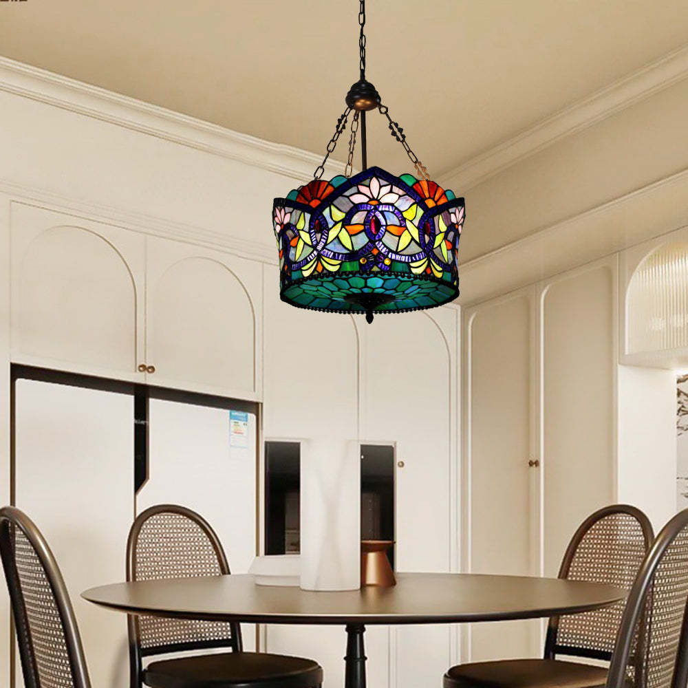 Eryn Flower Stained Glass Pendant Light over Dining Room