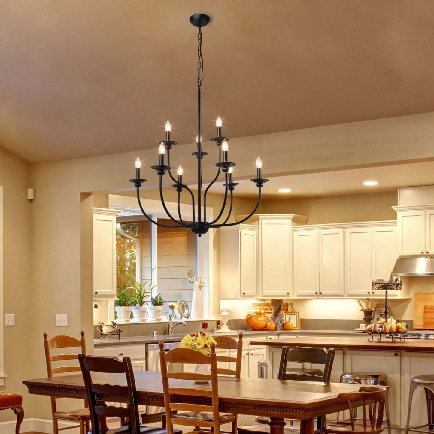 Black Silva Chandelier illuminating dining room