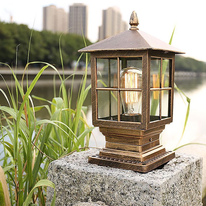 Alessio metal glass outdoor light. Modern lantern post.