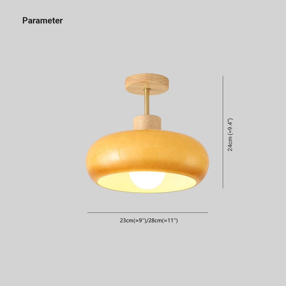 Hailie Flush Mount Light - Yellow Glass, Wood Base