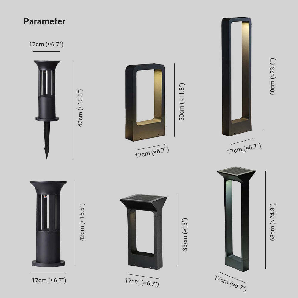 Pena Outdoor Bollard Light dimensions, black finish, various sizes