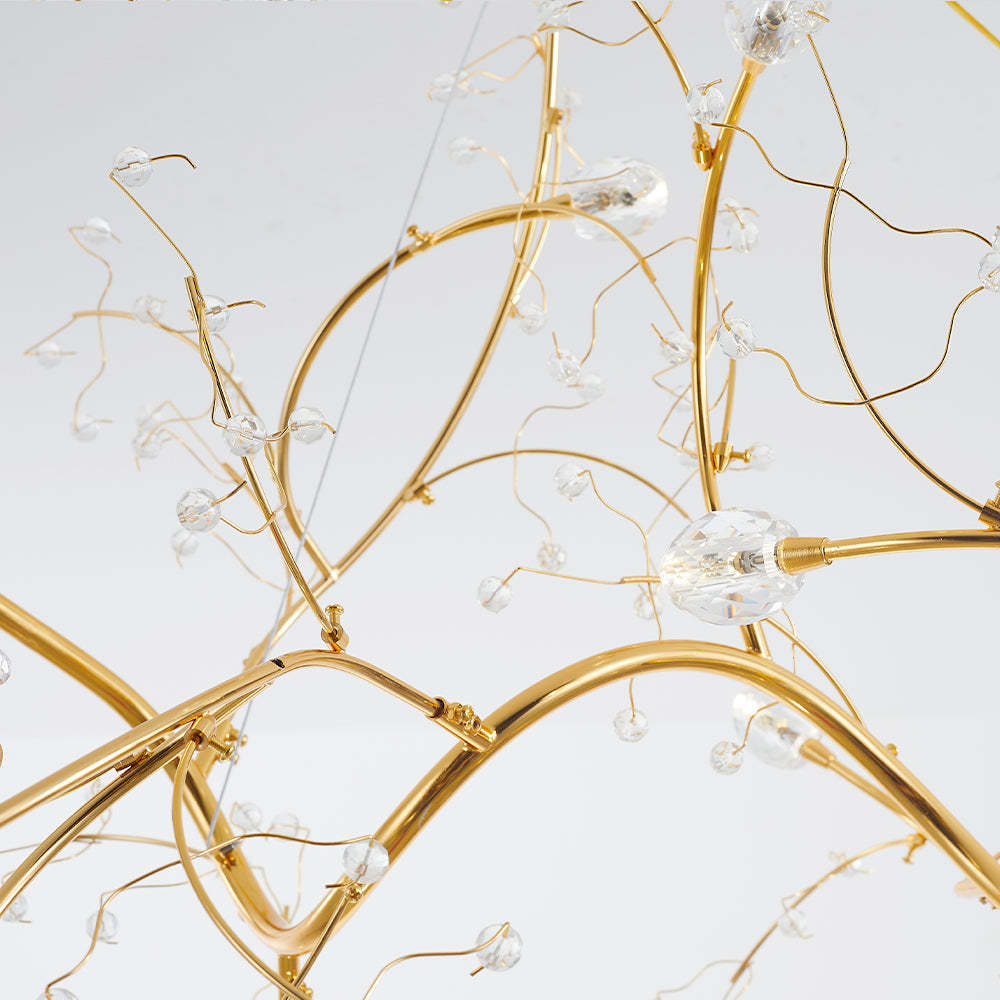 Gold crystal branch pendant light detail