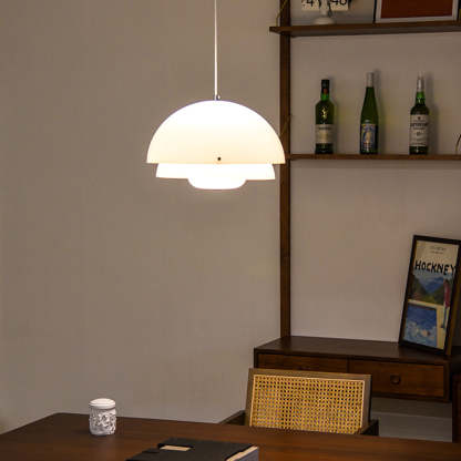 Hailie pendant light: White dome lamp in a room setting.