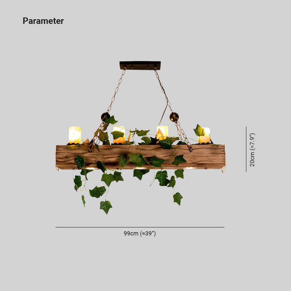 Rustic wood pendant light with ivy leaves, 99cm wide