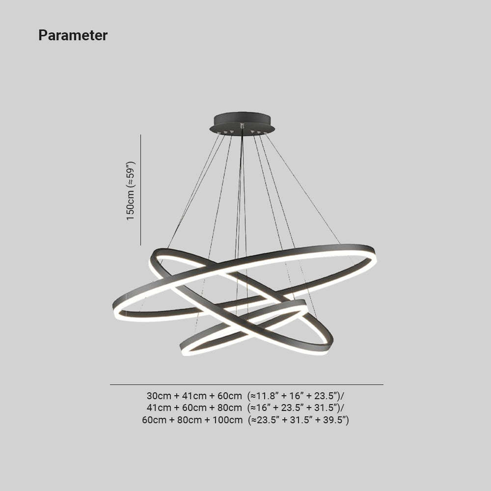 Arisha Pendant Light Dimensions. Modern 3-ring chandelier sizes.
