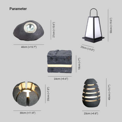 Pena Outdoor Light Dimensions, stone design variations, outdoor lighting