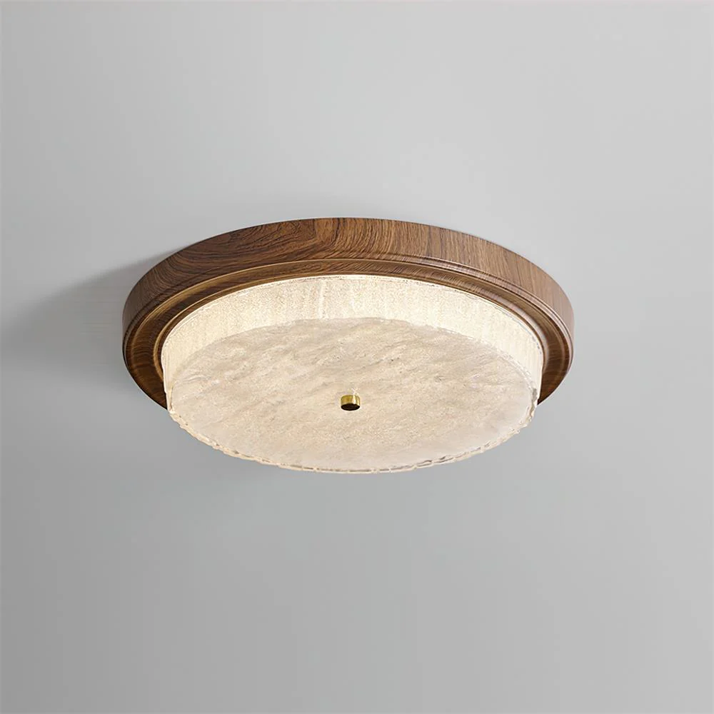 Ozawa Round Ceiling Light with wood grain and glass diffuser
