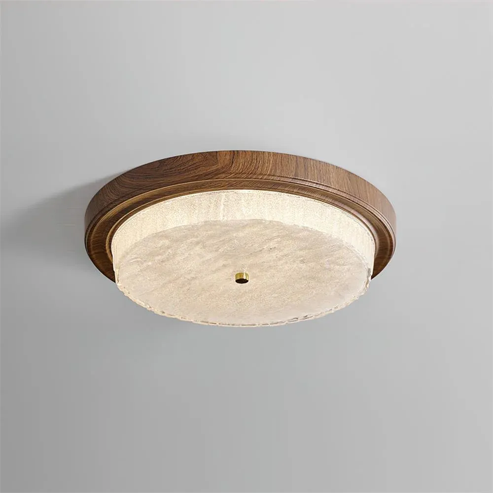 Ozawa Round Ceiling Light with wood grain and glass diffuser