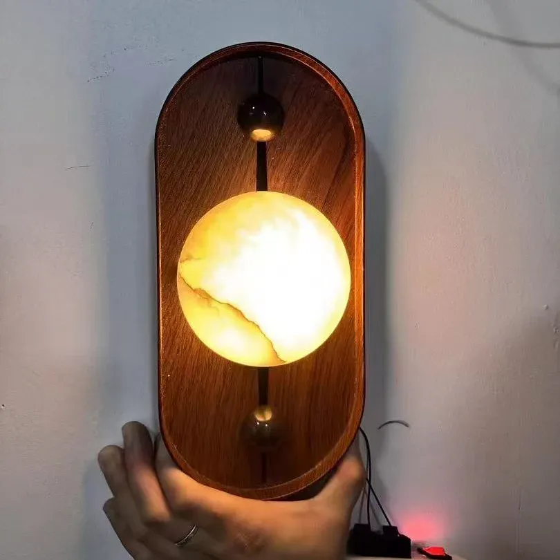 Muto Vintage LED Wall Lamp, Resin Globe, Wood Frame