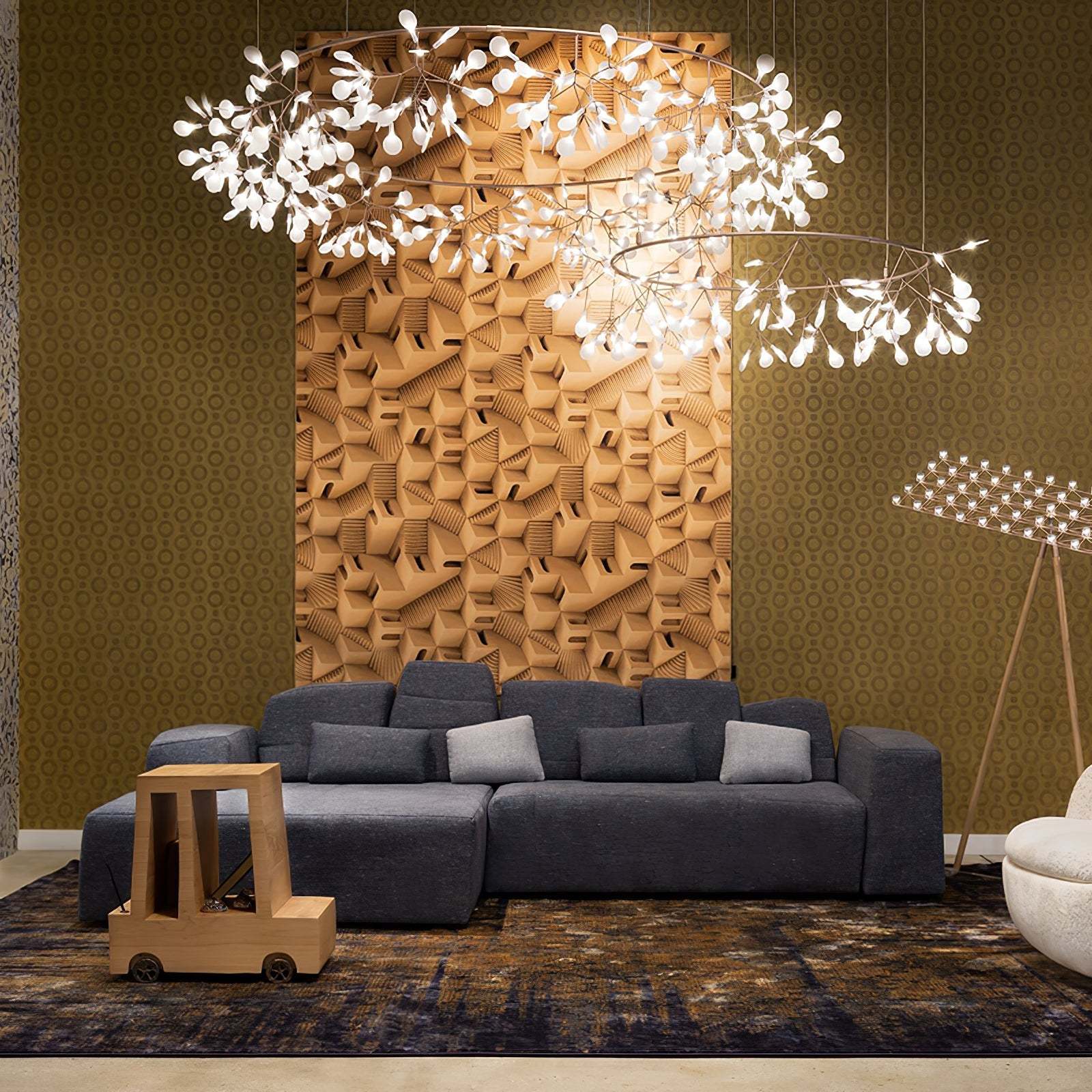 Modern living room with Olivia Sputnik chandelier and decorative wall