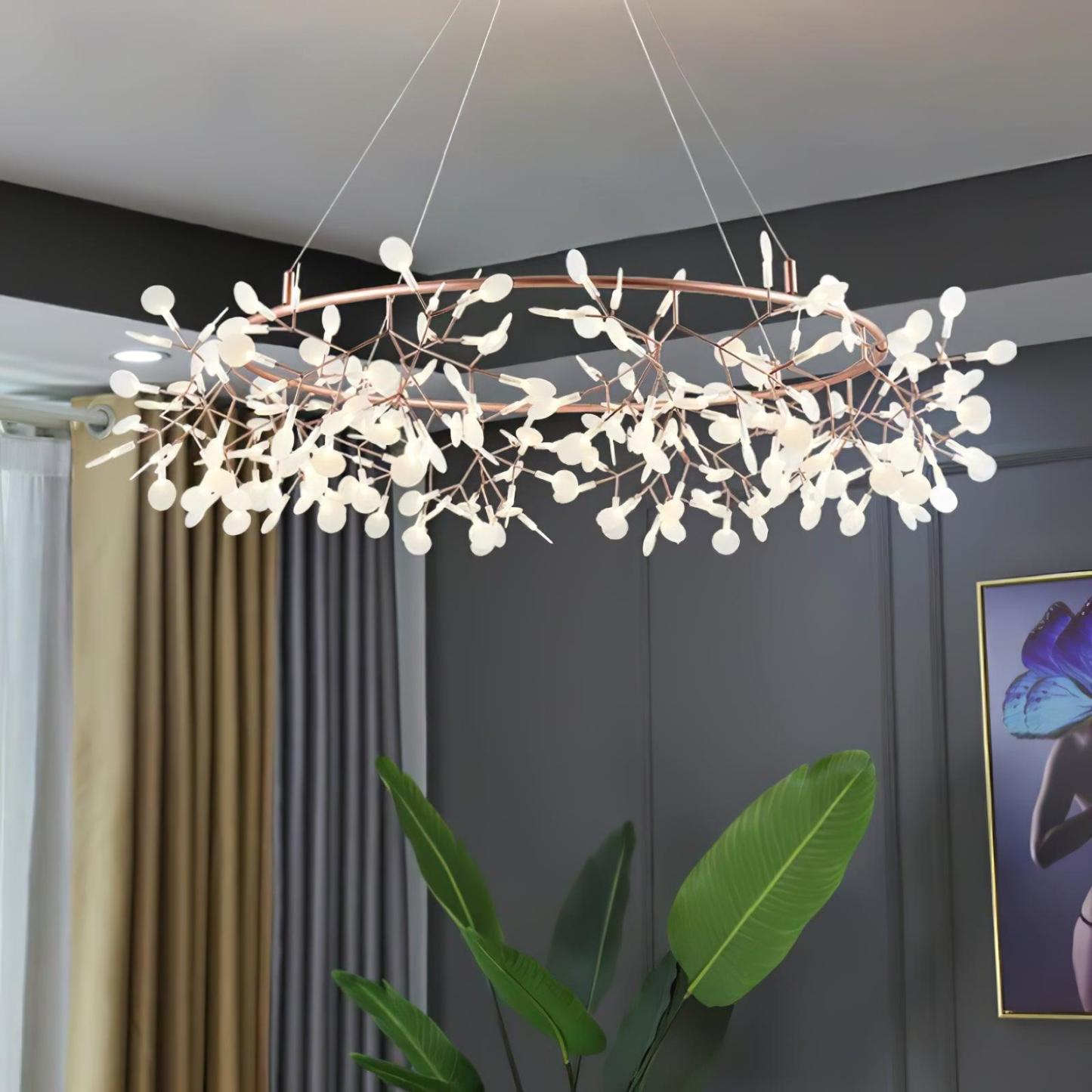 Olivia round chandelier with leaf accents in a modern living room