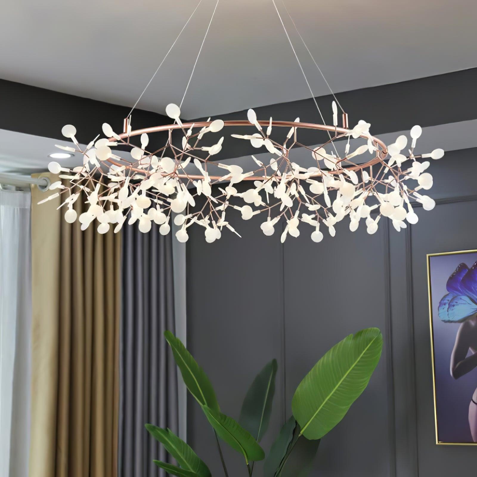 Olivia round chandelier with leaf accents in a modern living room