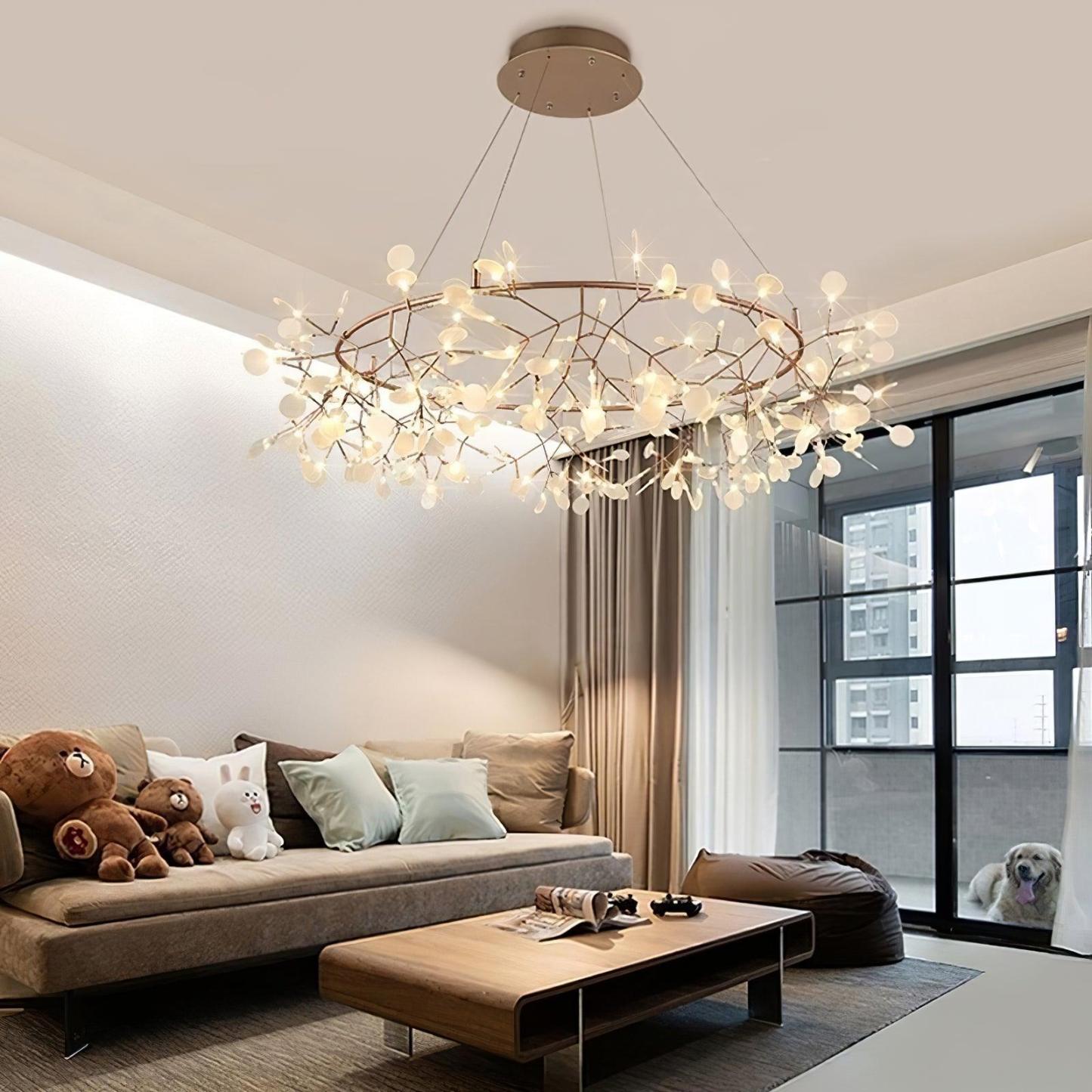 Modern living room with Olivia chandelier, warm lighting