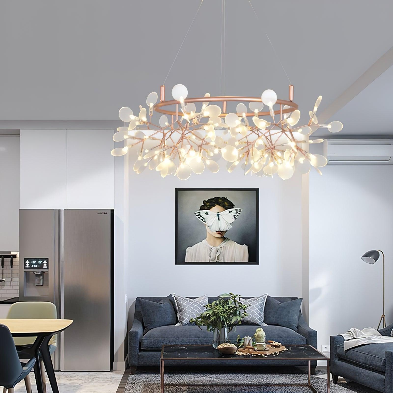 Olivia Sputnik Chandelier in modern living room with butterfly art