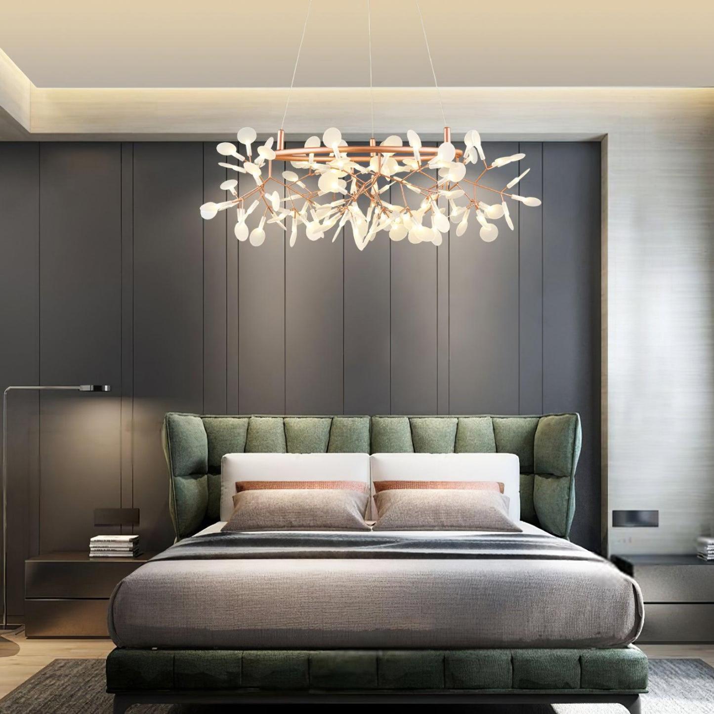 Olivia Sputnik chandelier above green bed, modern bedroom decor