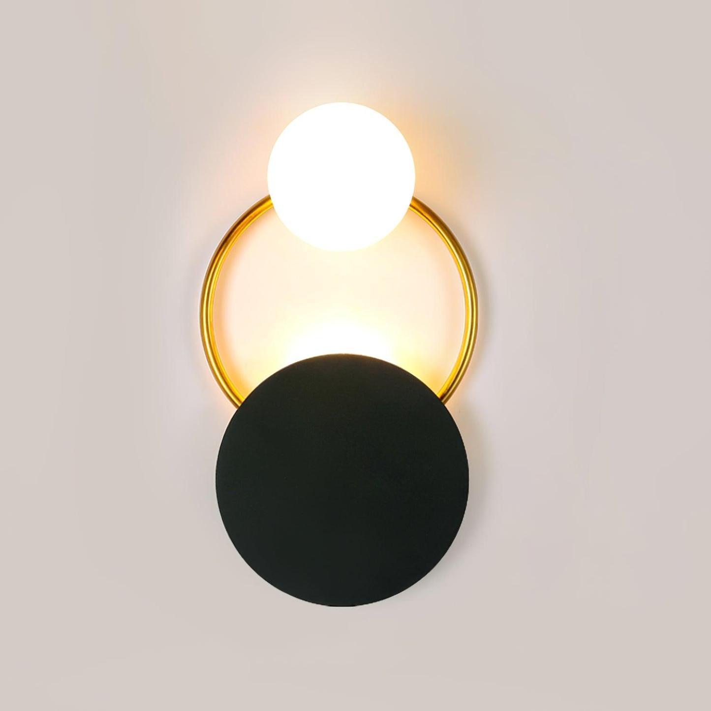 Emyr LED Wall Lamp: Gold Ring, White Orb, Black Disc