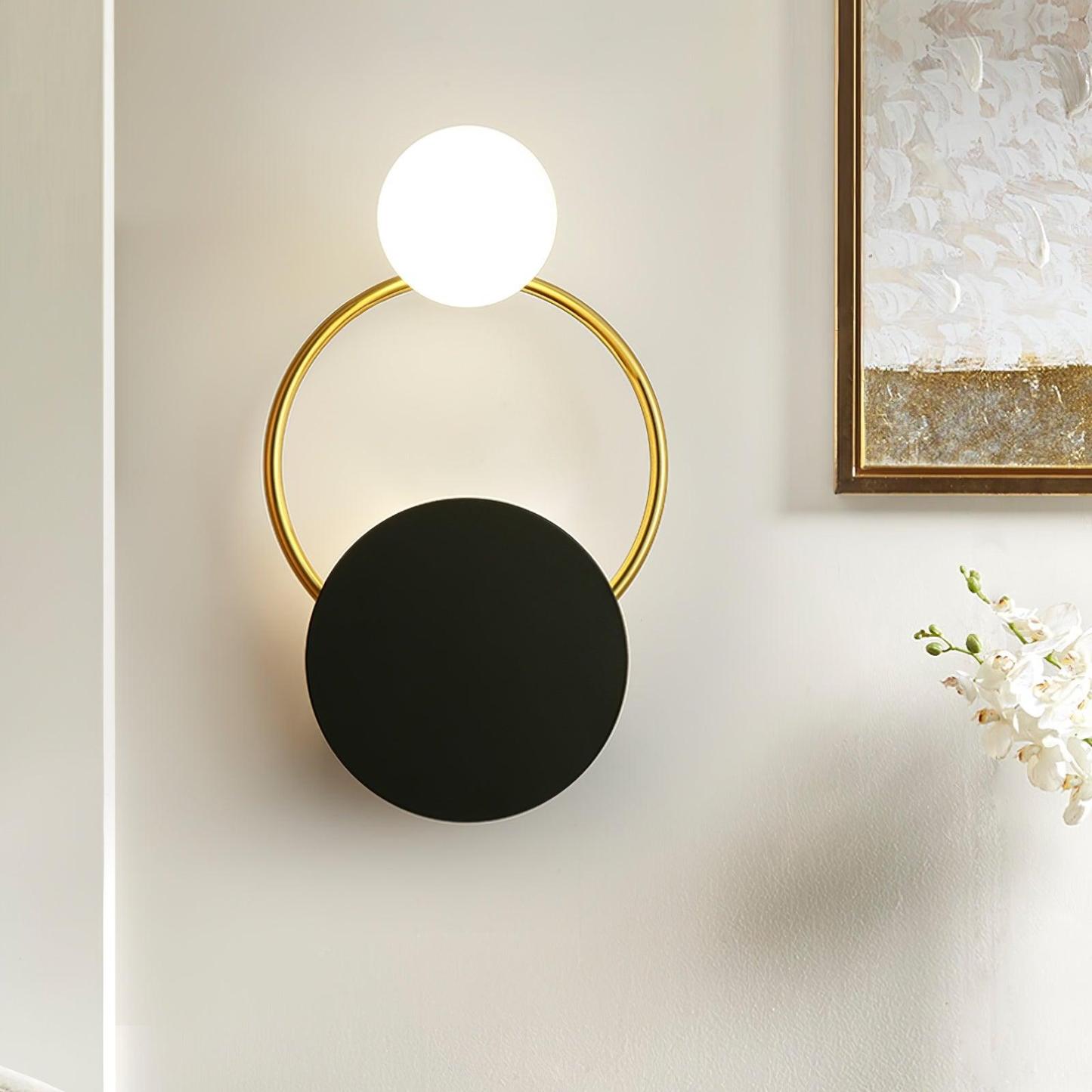 Emyr LED Wall Lamp - Gold Ring, Black Disc, White Orb