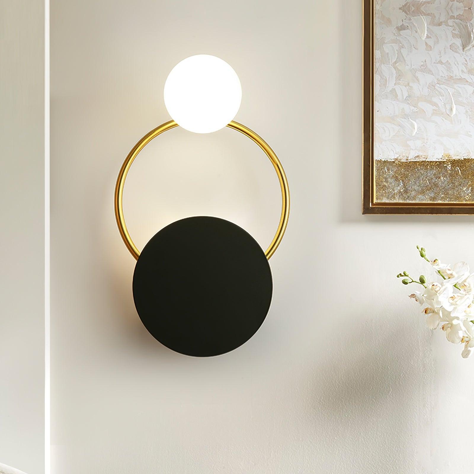 Emyr LED Wall Lamp - Gold Ring, Black Disc, White Orb