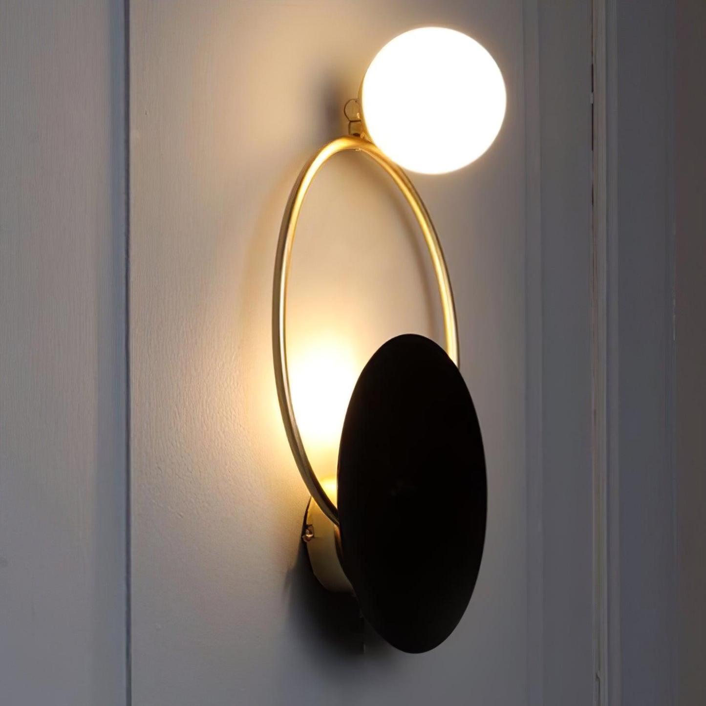 Emyr LED Wall Lamp - Gold Ring, Black Disc, White Orb