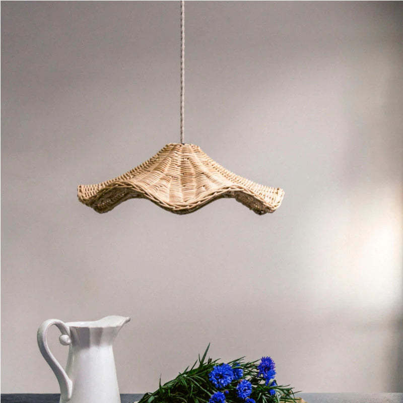 Ritta Classic Wave Rattan Pendant Light with blue flowers