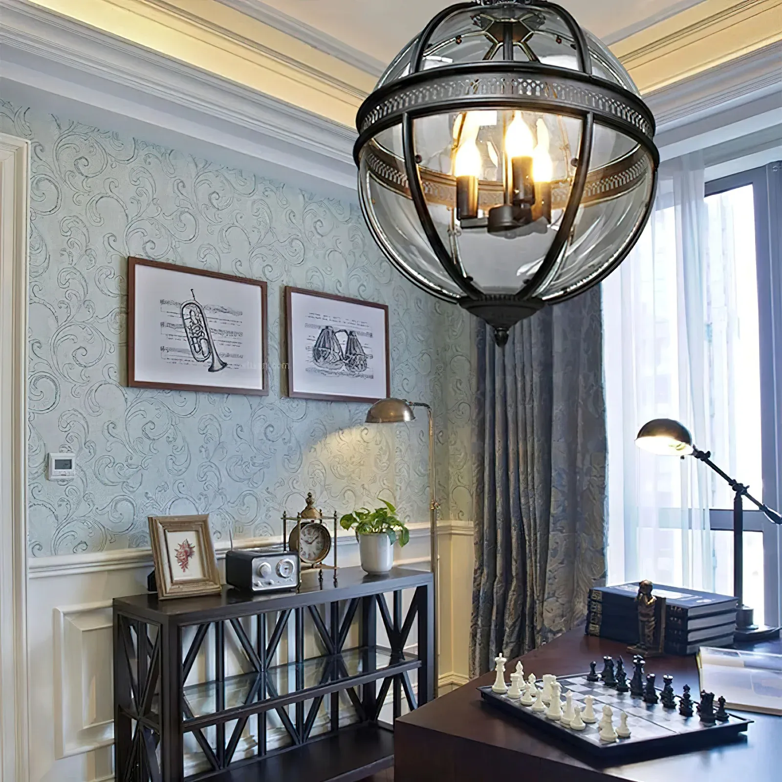 Alessio Vintage Glass Metal Black Pendant Light Dining Room Bedroom