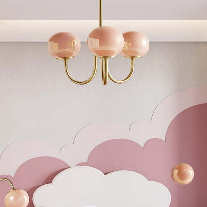 Pink Globe Chandelier in Cloud-Themed Room - Art Deco Lighting
