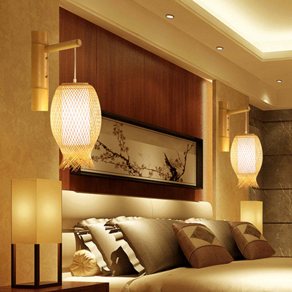 Bedroom featuring Ozawa rattan wall lights, eco-friendly lighting.