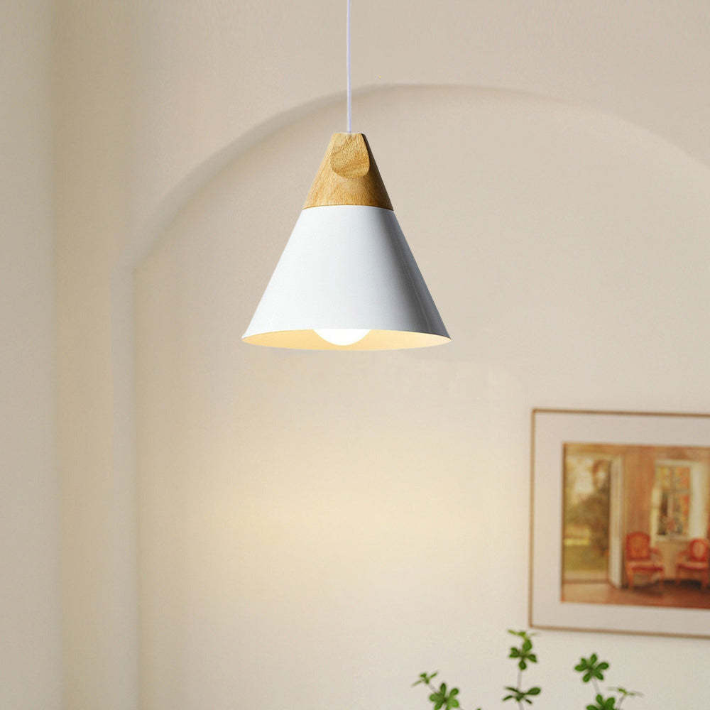 White Morandi pendant light with wood top, Lassola lighting